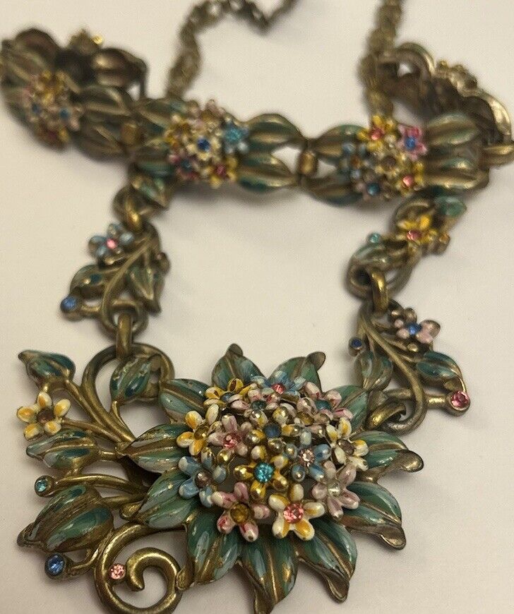 Vintage Enamel & Rhinestone Flowers Necklace Bracelet Set 1930-40s Floral Leaf - Vintage Jewelry Collective