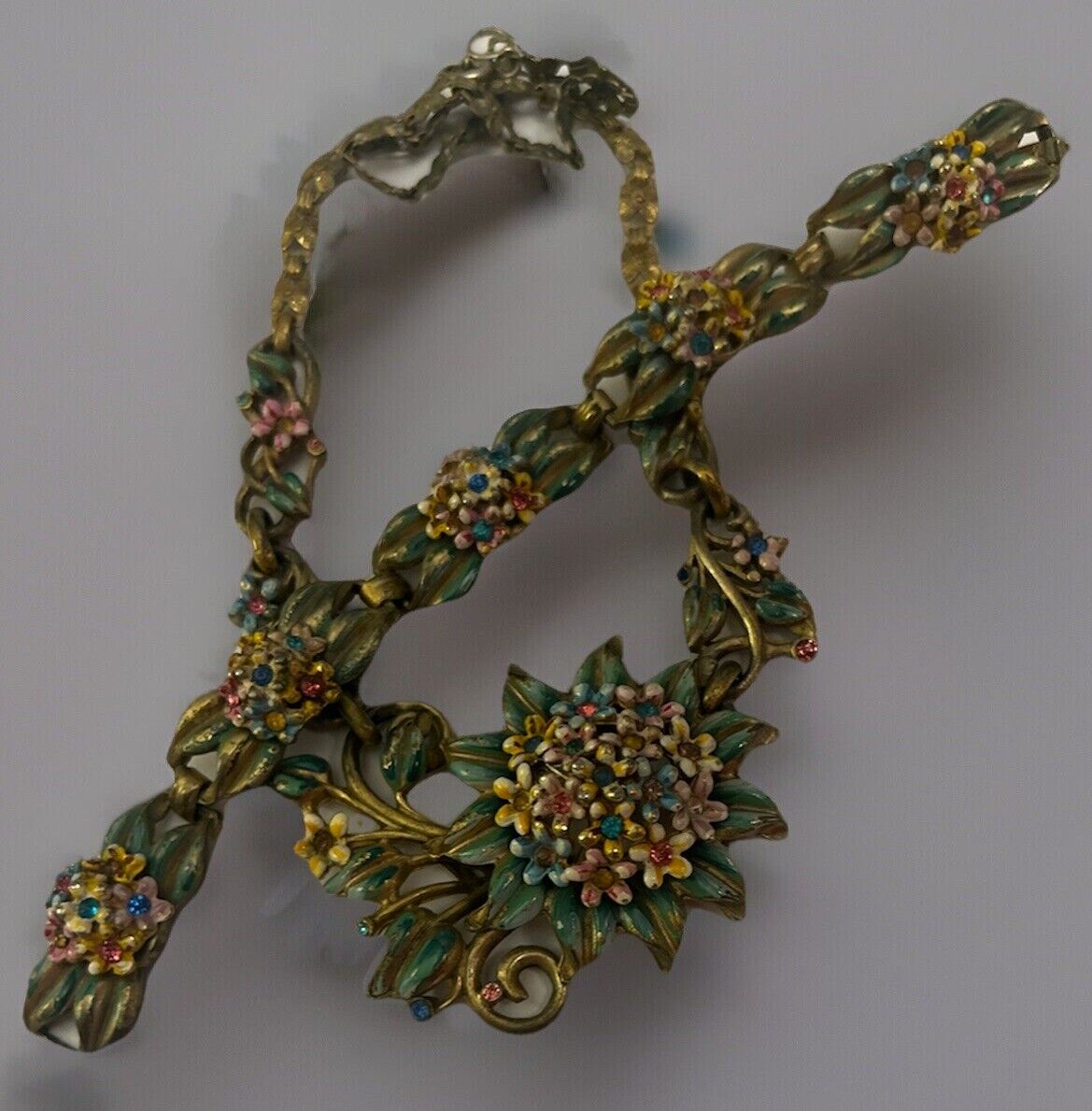 Vintage Enamel & Rhinestone Flowers Necklace Bracelet Set 1930-40s Floral Leaf - Vintage Jewelry Collective