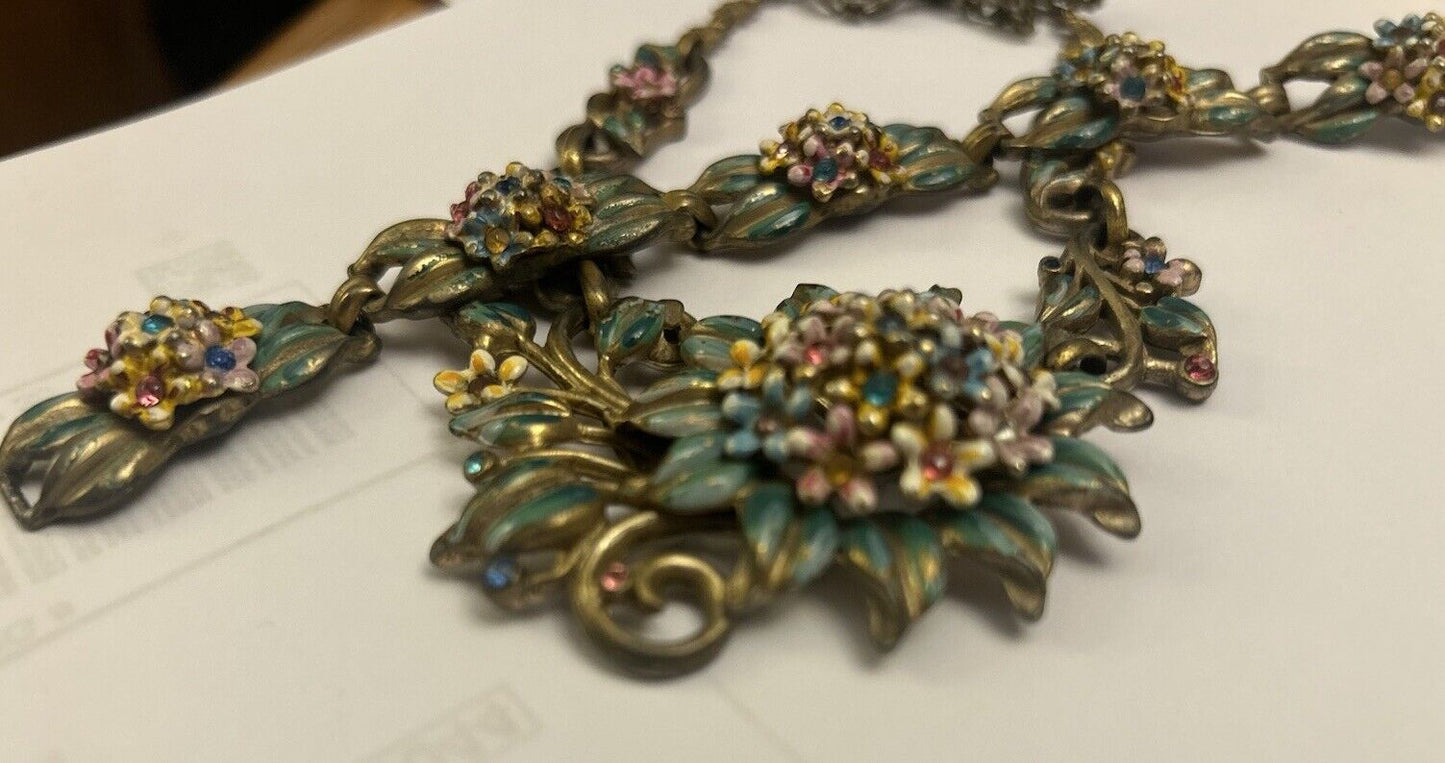 Vintage Enamel & Rhinestone Flowers Necklace Bracelet Set 1930-40s Floral Leaf - Vintage Jewelry Collective