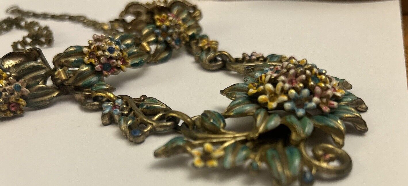 Vintage Enamel & Rhinestone Flowers Necklace Bracelet Set 1930-40s Floral Leaf - Vintage Jewelry Collective