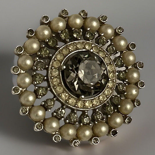 Vintage Crown Trifari Brooch Pin Smokey Gray Rhinestone & Faux Pearl - Vintage Jewelry Collective