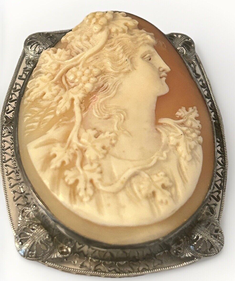 Vintage Carved Cameo Brooch Pin Ornate Flowing Long Hair Face Figural Profile - Vintage Jewelry Collective