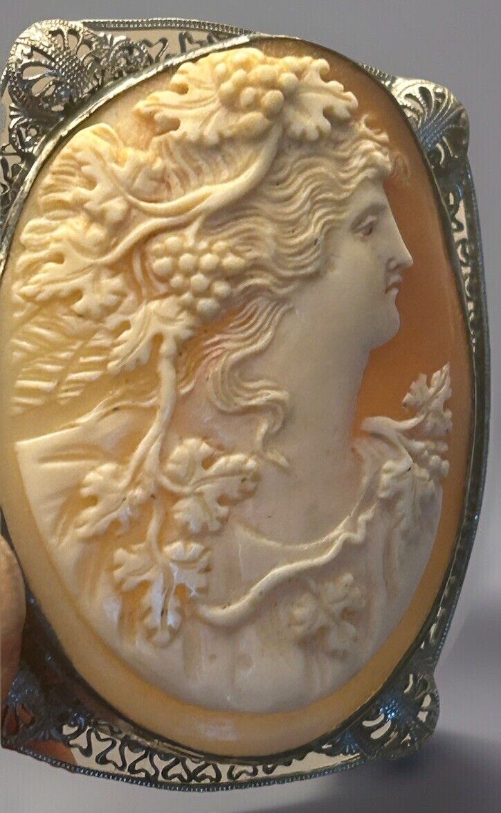 Vintage Carved Cameo Brooch Pin Ornate Flowing Long Hair Face Figural Profile - Vintage Jewelry Collective