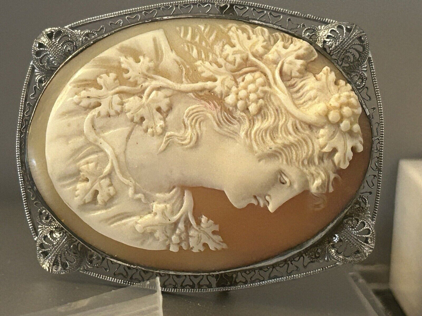 Vintage Carved Cameo Brooch Pin Ornate Flowing Long Hair Face Figural Profile - Vintage Jewelry Collective