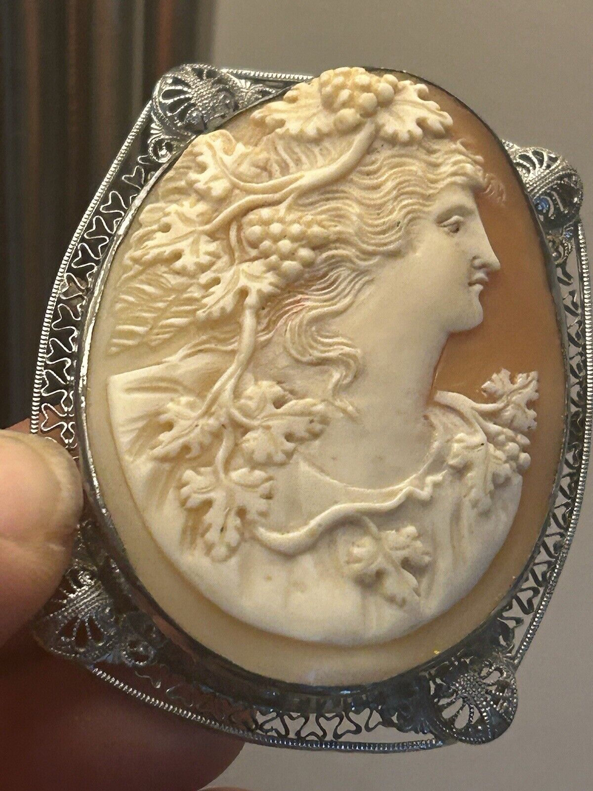 Vintage Carved Cameo Brooch Pin Ornate Flowing Long Hair Face Figural Profile - Vintage Jewelry Collective