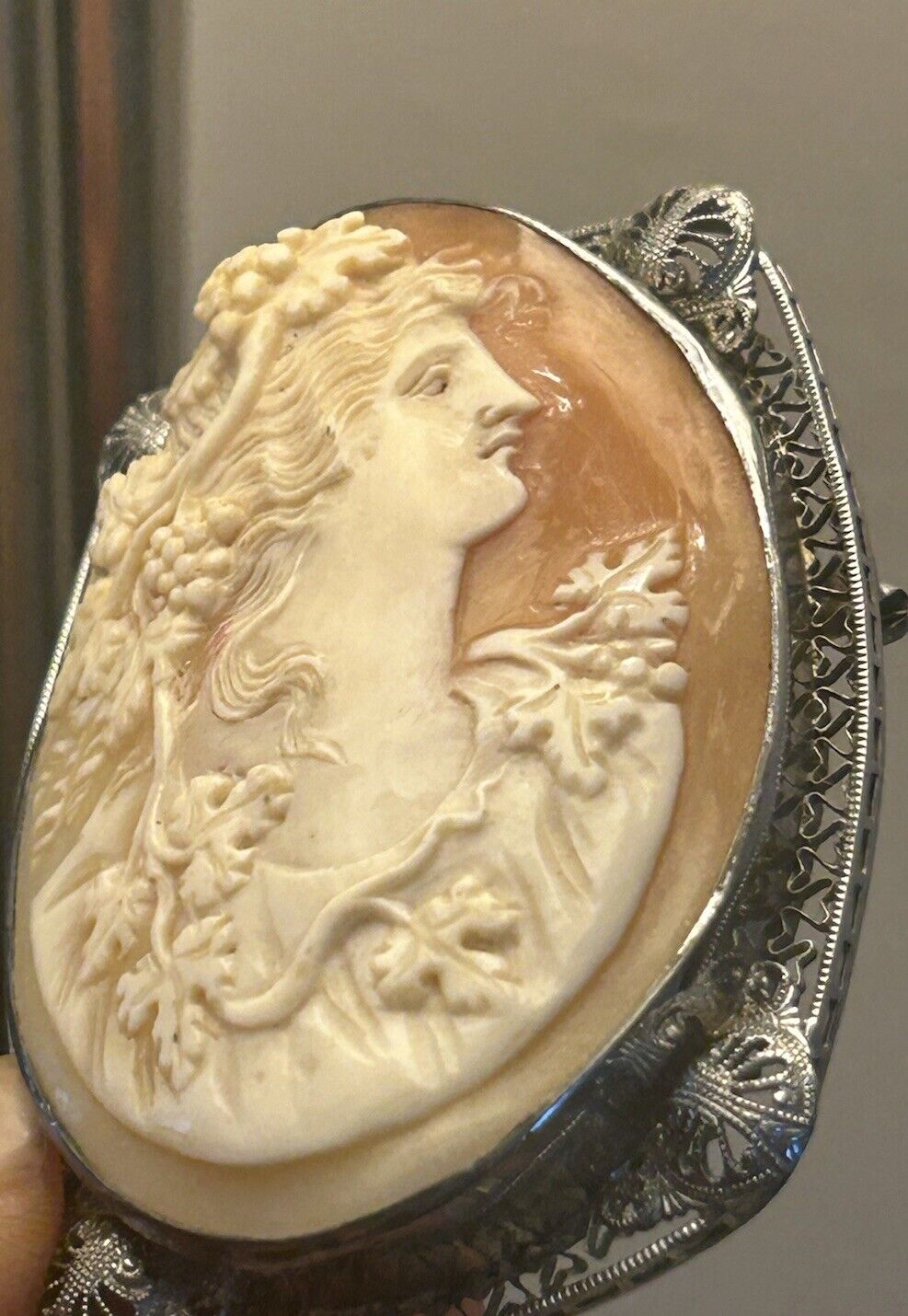 Vintage Carved Cameo Brooch Pin Ornate Flowing Long Hair Face Figural Profile - Vintage Jewelry Collective