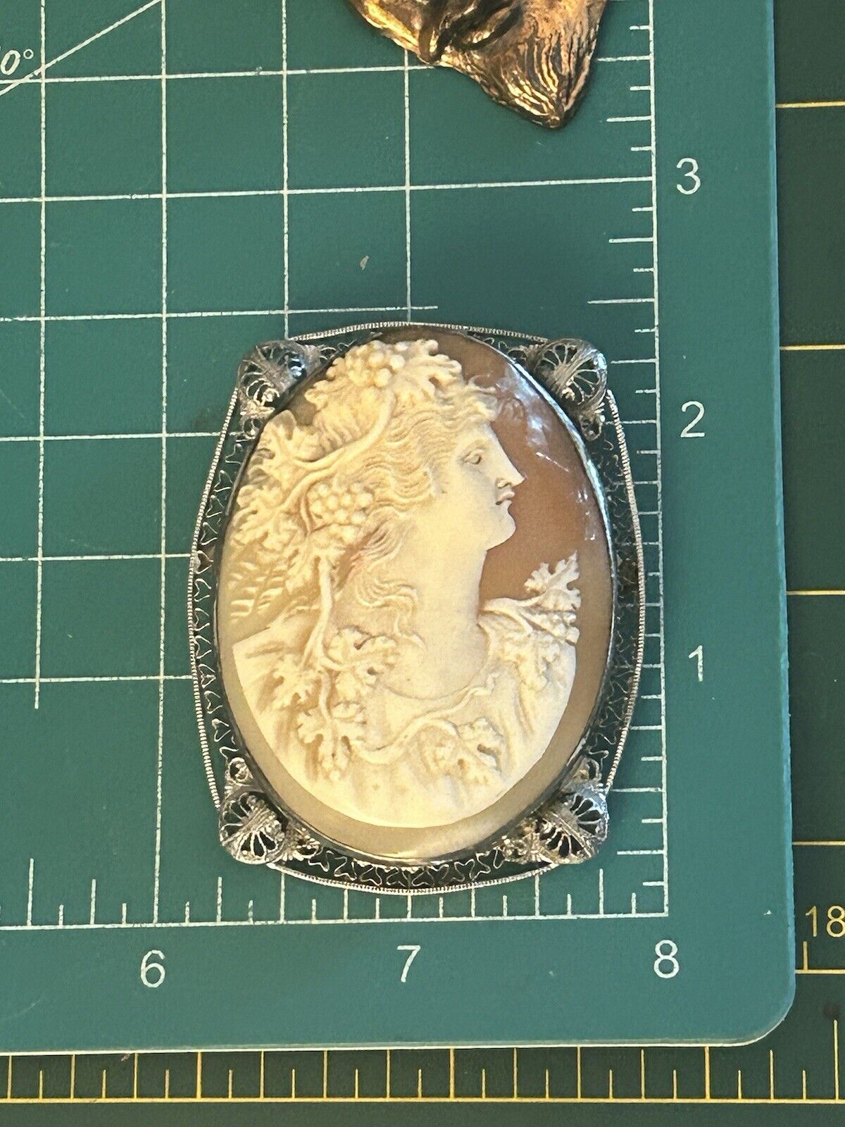 Vintage Carved Cameo Brooch Pin Ornate Flowing Long Hair Face Figural Profile - Vintage Jewelry Collective