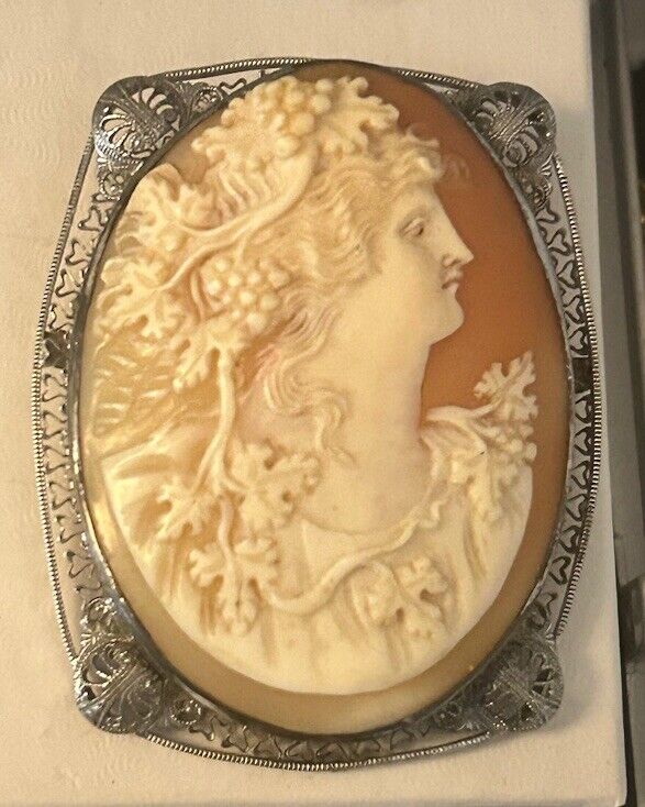 Vintage Carved Cameo Brooch Pin Ornate Flowing Long Hair Face Figural Profile - Vintage Jewelry Collective