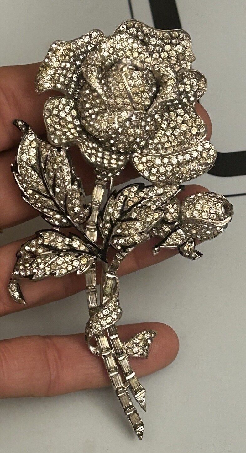 Vintage  Boucher 1940s Rose & Bud Flower Brooch Huge 4” Pin Figural Enamel Leaf - Vintage Jewelry Collective