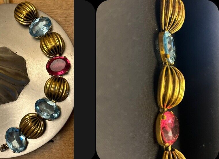 Vintage Glass Gold Brass  Bracelet Statement 1930s Machine Age Czech Pink Blue - Vintage Jewelry Collective