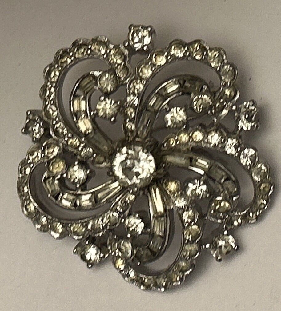 Vintage Jomaz Clear Rhinestone Pin Brooch Swirl Large 2” Crystal Mazer - Vintage Jewelry Collective