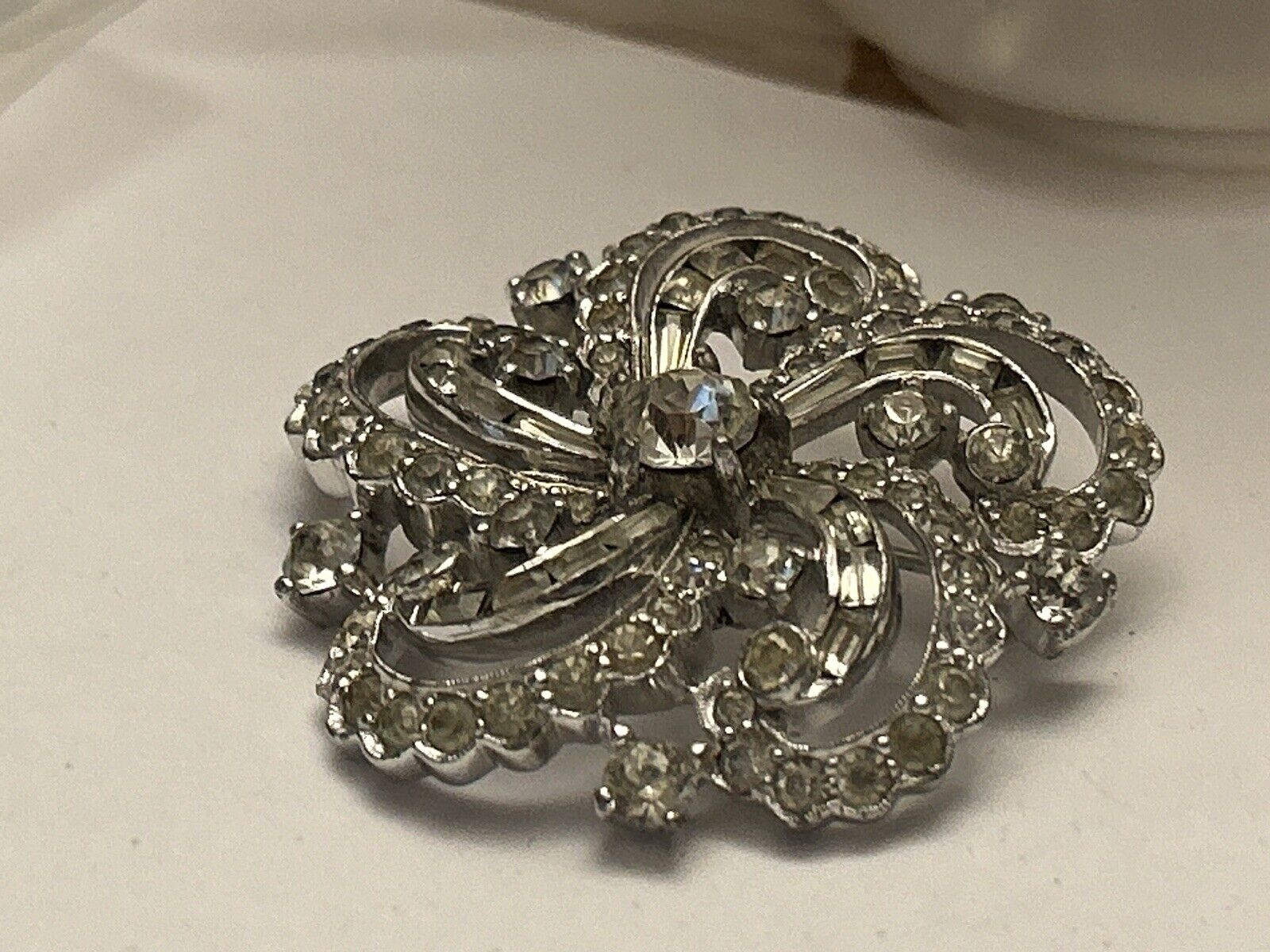 Vintage Jomaz Clear Rhinestone Pin Brooch Swirl Large 2” Crystal Mazer - Vintage Jewelry Collective