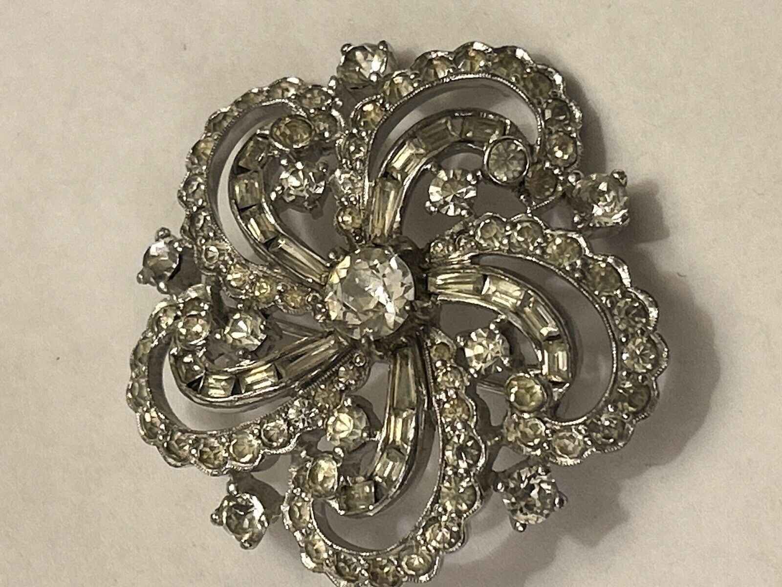 Vintage Jomaz Clear Rhinestone Pin Brooch Swirl Large 2” Crystal Mazer - Vintage Jewelry Collective