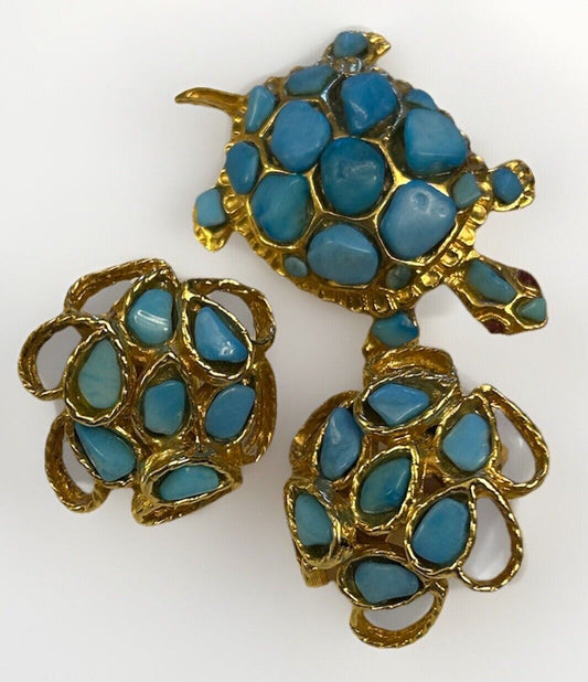 Vintage SWOBODA Turquoise Turtle Pin Brooch Clip Earrings SET Gemstone Figural - Vintage Jewelry Collective