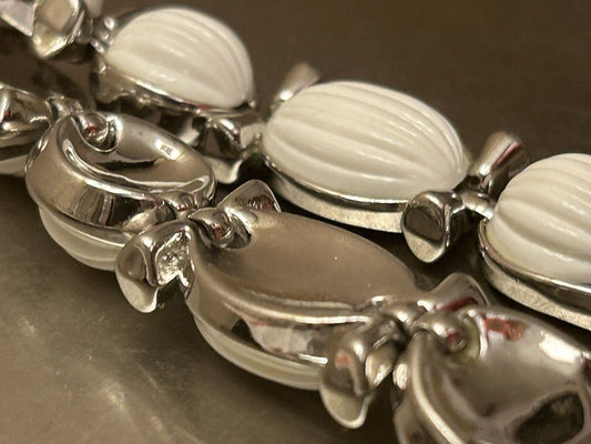 Vintage Crown Trifari Bracelet White Ribbed Lucite Rhodium Plated - Vintage Jewelry Collective