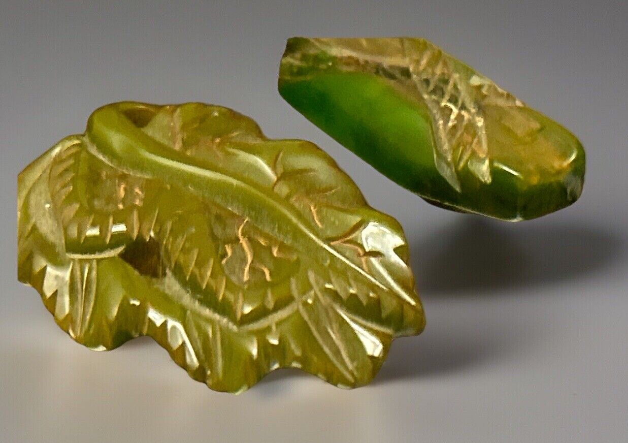 Vintage Deep Carved Bakelite Dress Clip Pin Figural Green Flower Leaf  1920s Lot - Vintage Jewelry Collective