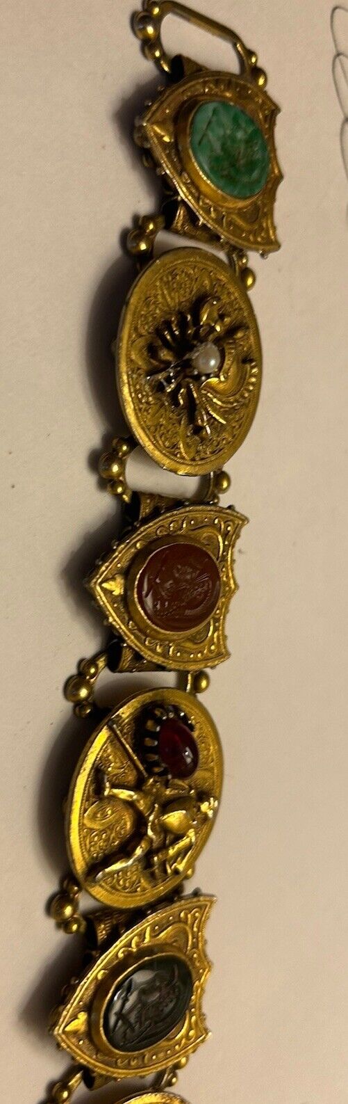 Vintage Bracelet Glass Cameo Roman Knight Shield Crest Intaglio Book Chain Link - Vintage Jewelry Collective