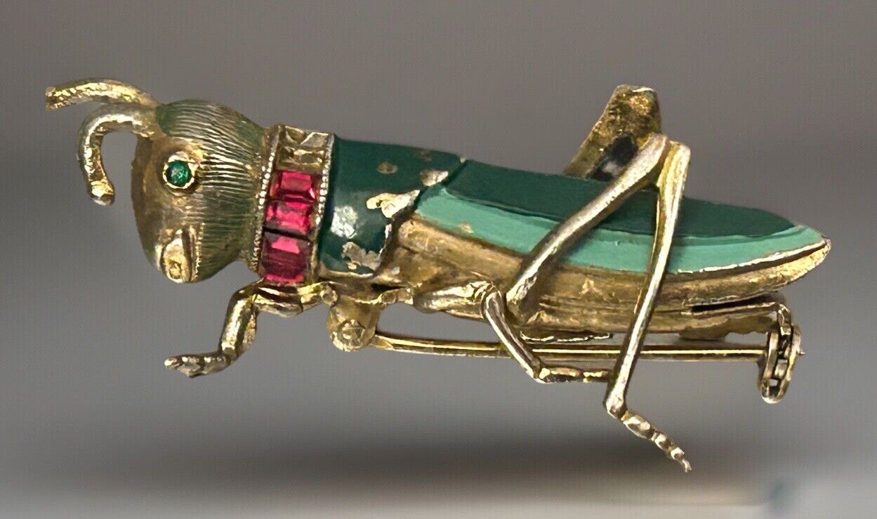 Vintage Enamel Rhinestone Cricket Brooch 3-D Figural Insect Bug - Vintage Jewelry Collective