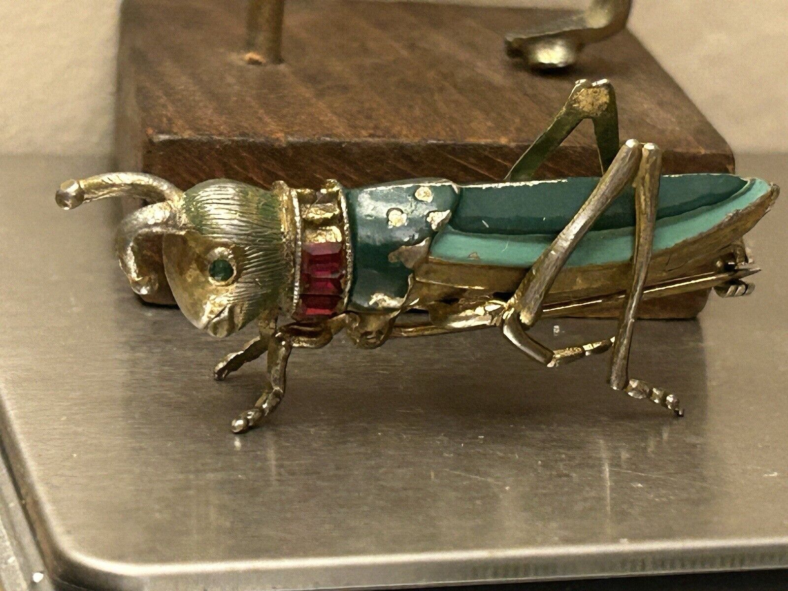 Vintage Enamel Rhinestone Cricket Brooch 3-D Figural Insect Bug - Vintage Jewelry Collective