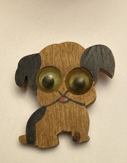 Vintage Wooden Google Eyes Dog Pin Brooch Figural 1930 40’s Cute Puppy - Vintage Jewelry Collective