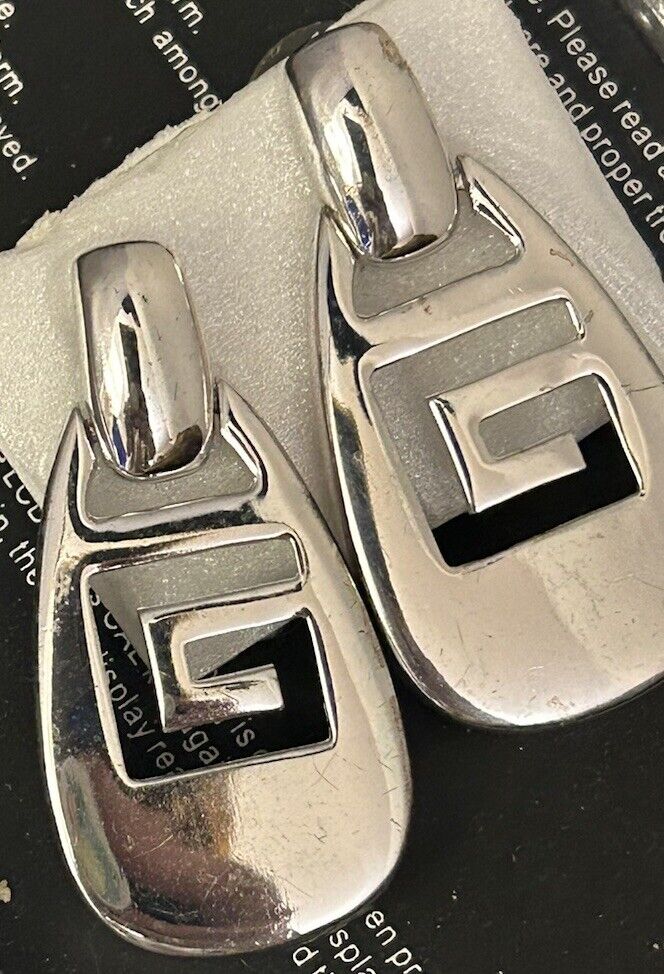 Vintage Givenchy Logo G Earrings Drop Dangle Pierced Silver Plated Haute Couture - Vintage Jewelry Collective