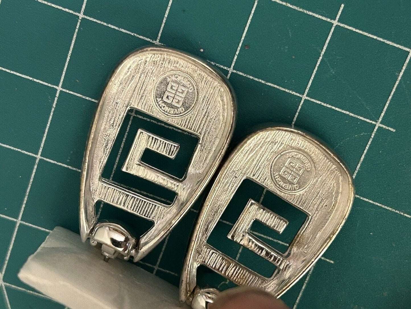 Vintage Givenchy Logo G Earrings Drop Dangle Pierced Silver Plated Haute Couture - Vintage Jewelry Collective