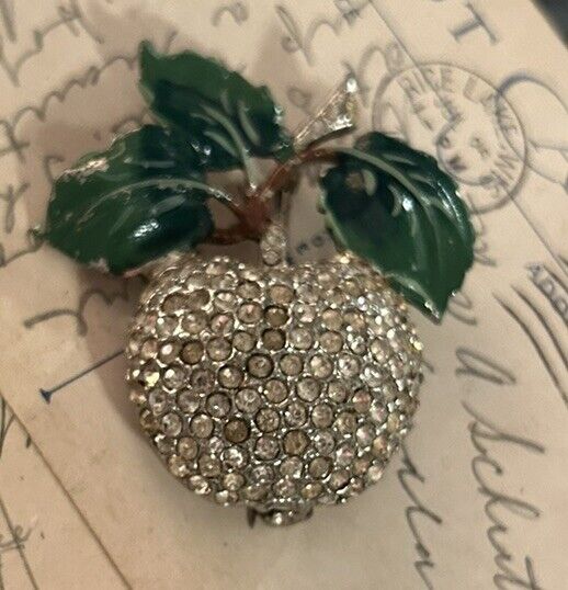 Vintage 1930s Rhinestone Brooch Enamel Flower Apple Figural Fruit Pin Pave - Vintage Jewelry Collective