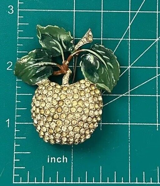 Vintage 1930s Rhinestone Brooch Enamel Flower Apple Figural Fruit Pin Pave - Vintage Jewelry Collective