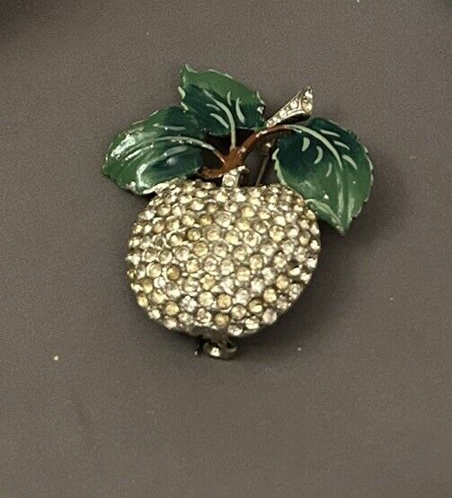 Vintage 1930s Rhinestone Brooch Enamel Flower Apple Figural Fruit Pin Pave - Vintage Jewelry Collective