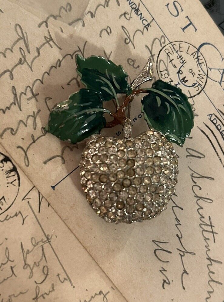 Vintage 1930s Rhinestone Brooch Enamel Flower Apple Figural Fruit Pin Pave - Vintage Jewelry Collective