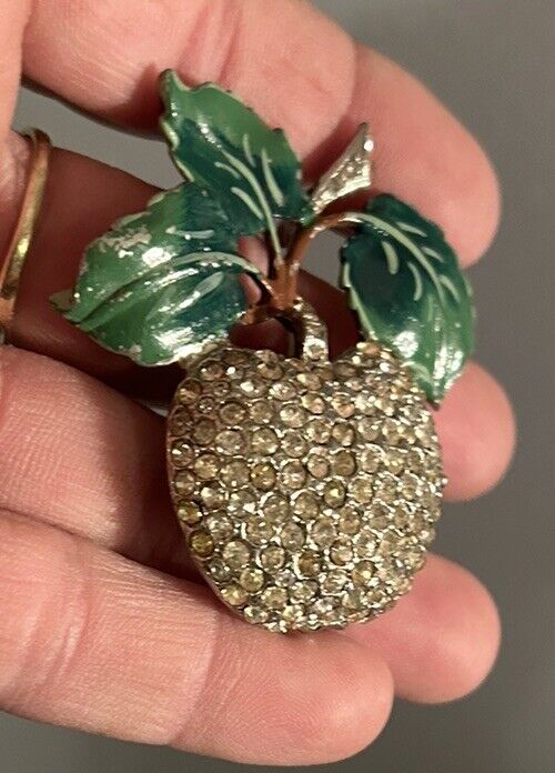 Vintage 1930s Rhinestone Brooch Enamel Flower Apple Figural Fruit Pin Pave - Vintage Jewelry Collective