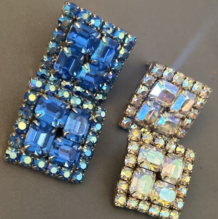 Vintage Rhinestone Earrings Aurora Borealis Prong Set Two Pair Lot 1” Square - Vintage Jewelry Collective