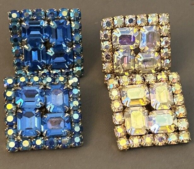 Vintage Rhinestone Earrings Aurora Borealis Prong Set Two Pair Lot 1” Square - Vintage Jewelry Collective