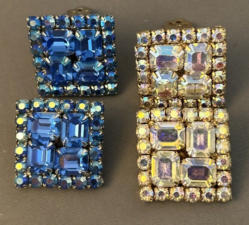 Vintage Rhinestone Earrings Aurora Borealis Prong Set Two Pair Lot 1” Square - Vintage Jewelry Collective