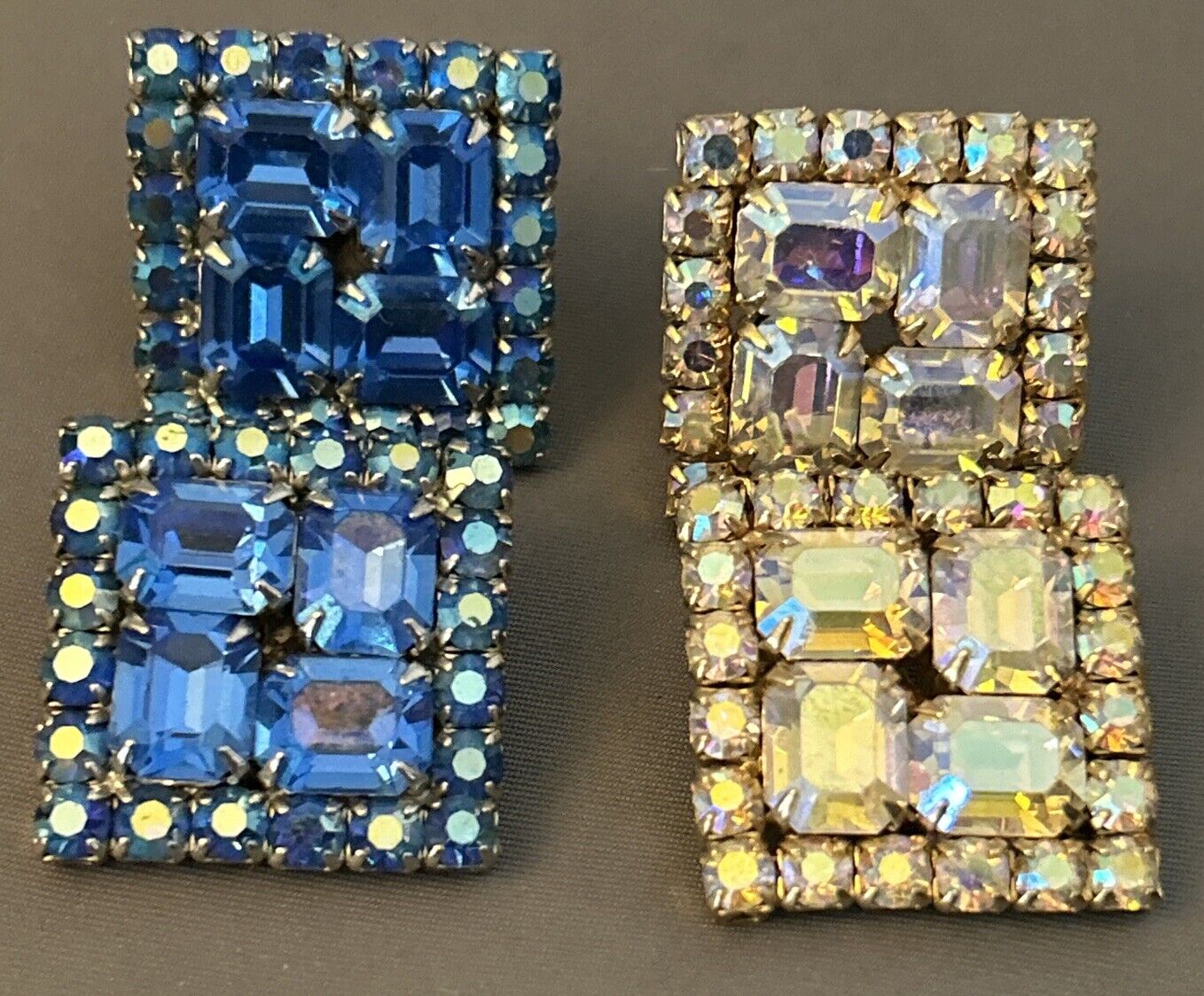 Vintage Rhinestone Earrings Aurora Borealis Prong Set Two Pair Lot 1” Square - Vintage Jewelry Collective