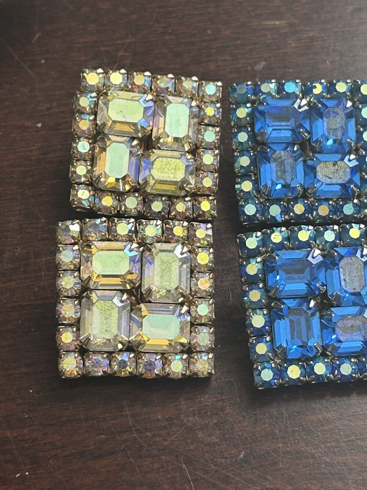 Vintage Rhinestone Earrings Aurora Borealis Prong Set Two Pair Lot 1” Square - Vintage Jewelry Collective