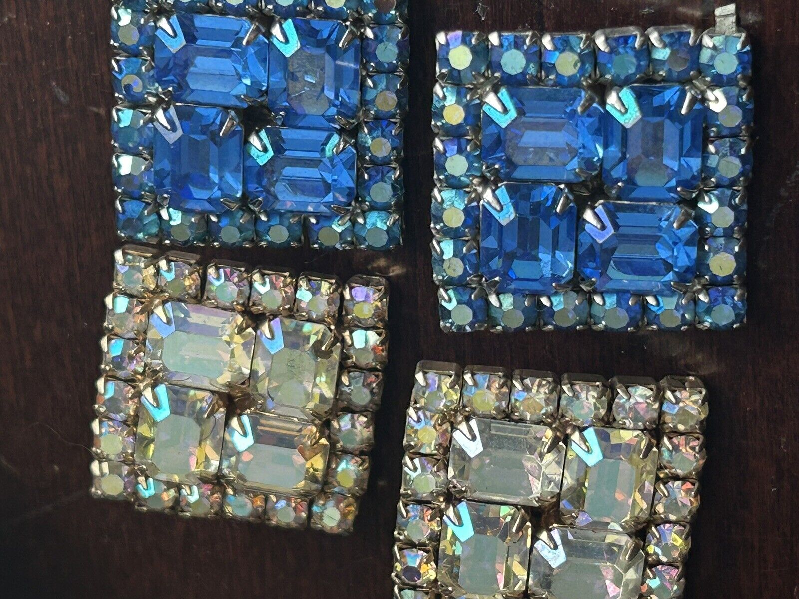 Vintage Rhinestone Earrings Aurora Borealis Prong Set Two Pair Lot 1” Square - Vintage Jewelry Collective