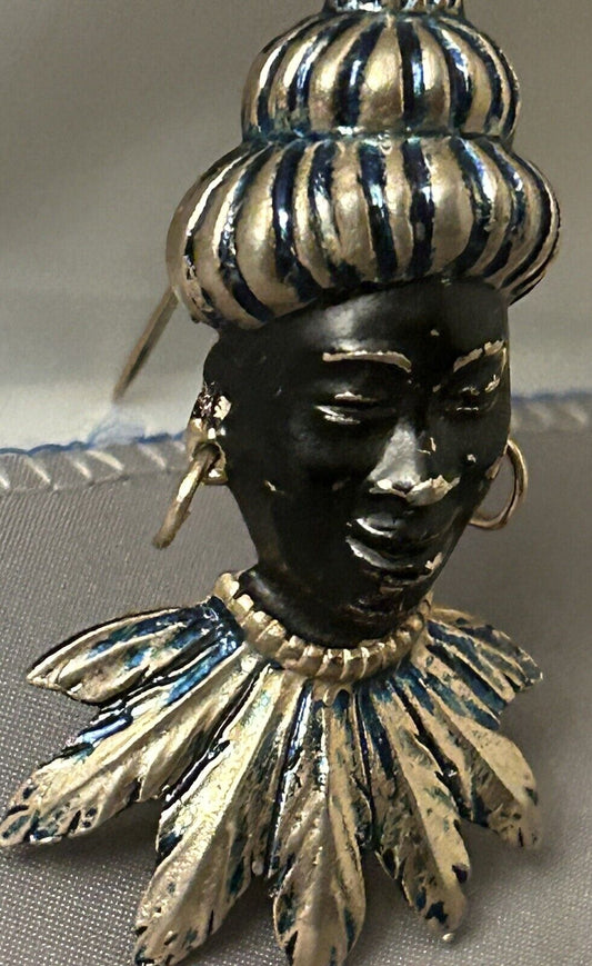 Vintage Blackamoor Brooch Pin Tribal Headdress Enamel Figural 1940s - Vintage Jewelry Collective