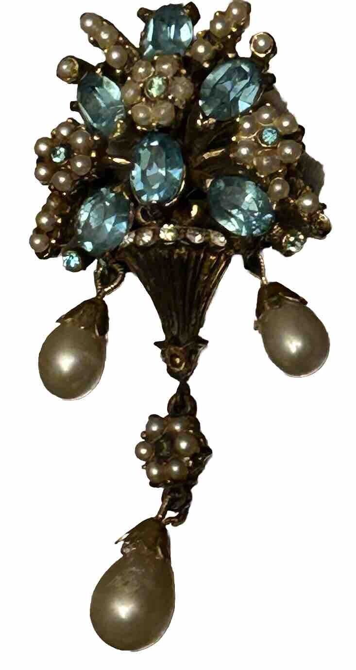 RARE CORO RHINESTONE PEARL FLOWER POT BROOCH PIN DROP DANGLE FIGURAL 2.5” 1930s - Vintage Jewelry Collective