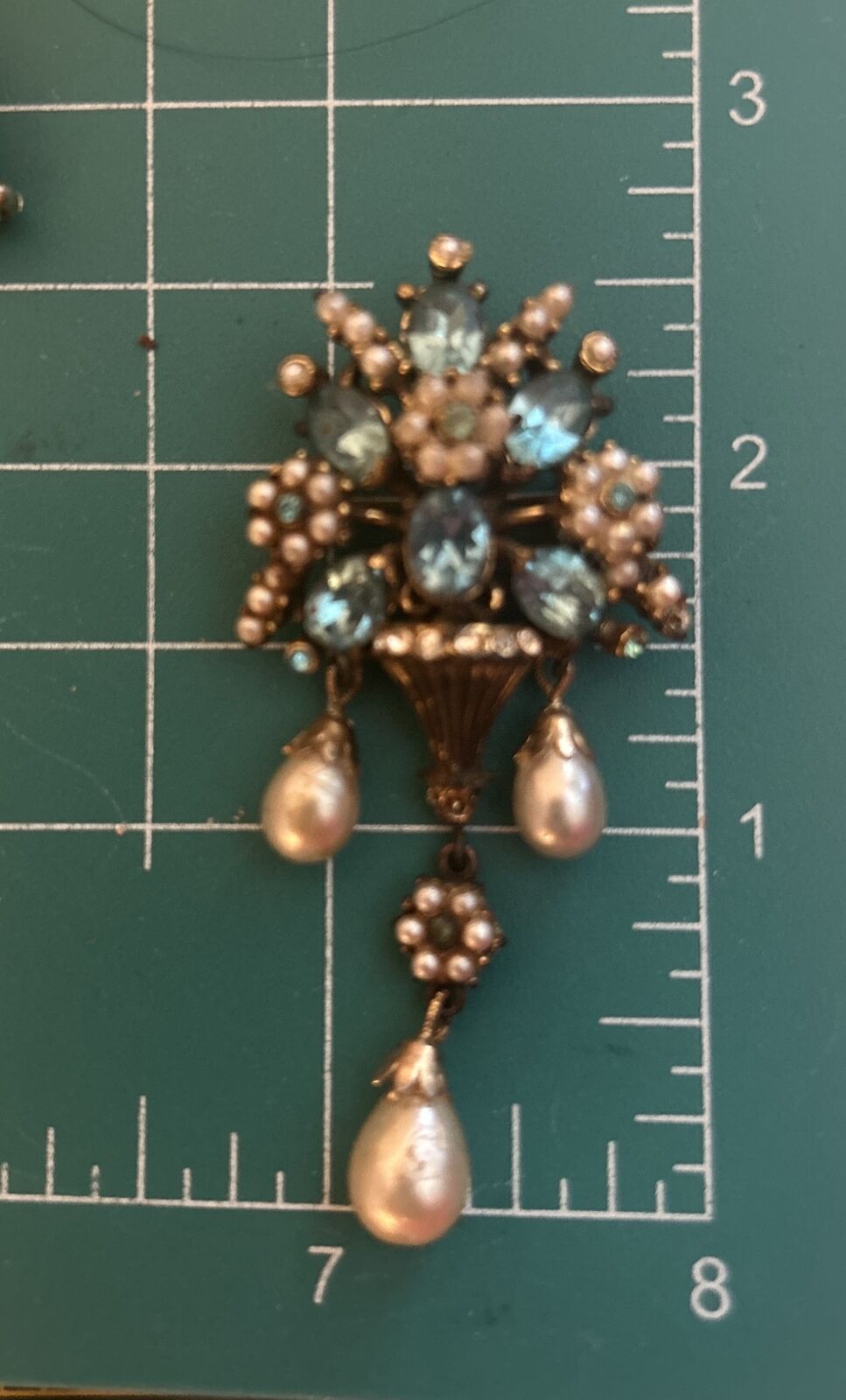 RARE CORO RHINESTONE PEARL FLOWER POT BROOCH PIN DROP DANGLE FIGURAL 2.5” 1930s - Vintage Jewelry Collective