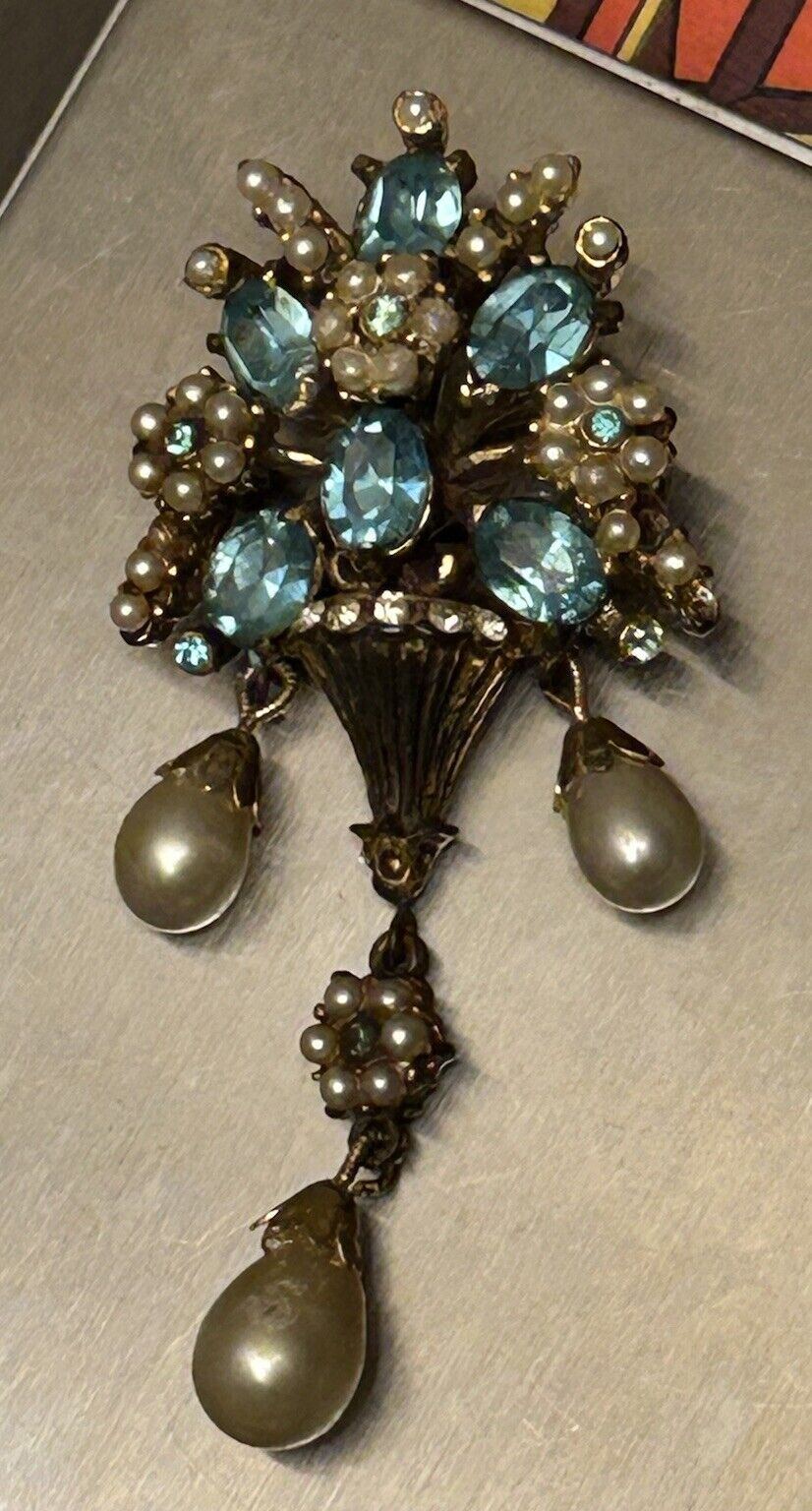 RARE CORO RHINESTONE PEARL FLOWER POT BROOCH PIN DROP DANGLE FIGURAL 2.5” 1930s - Vintage Jewelry Collective