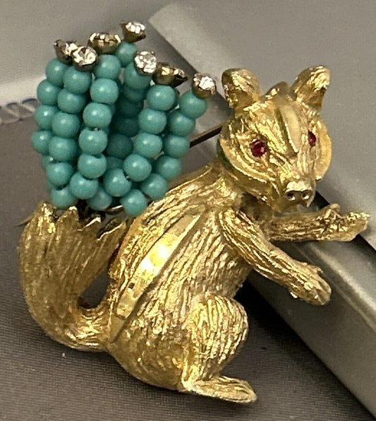 VINTAGE HAR BROOCH PIN SQUIRREL GLASS TURQUOISE TAIL RHINESTONE FIGURE - Vintage Jewelry Collective