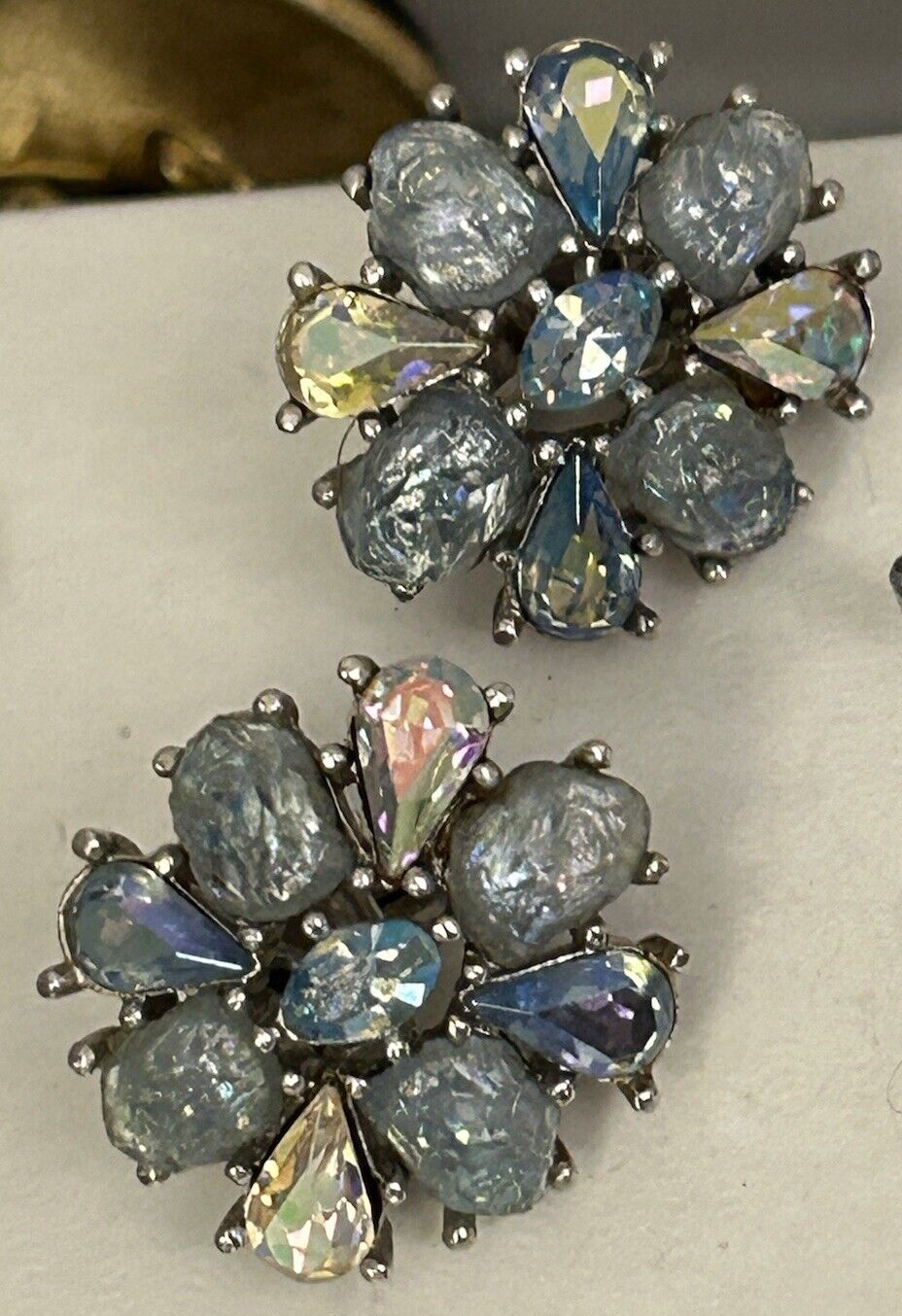 Vintage Trifari Earrings “Etoile" GLASS Blue AB Lava Rhinestone Rhodium Plated - Vintage Jewelry Collective