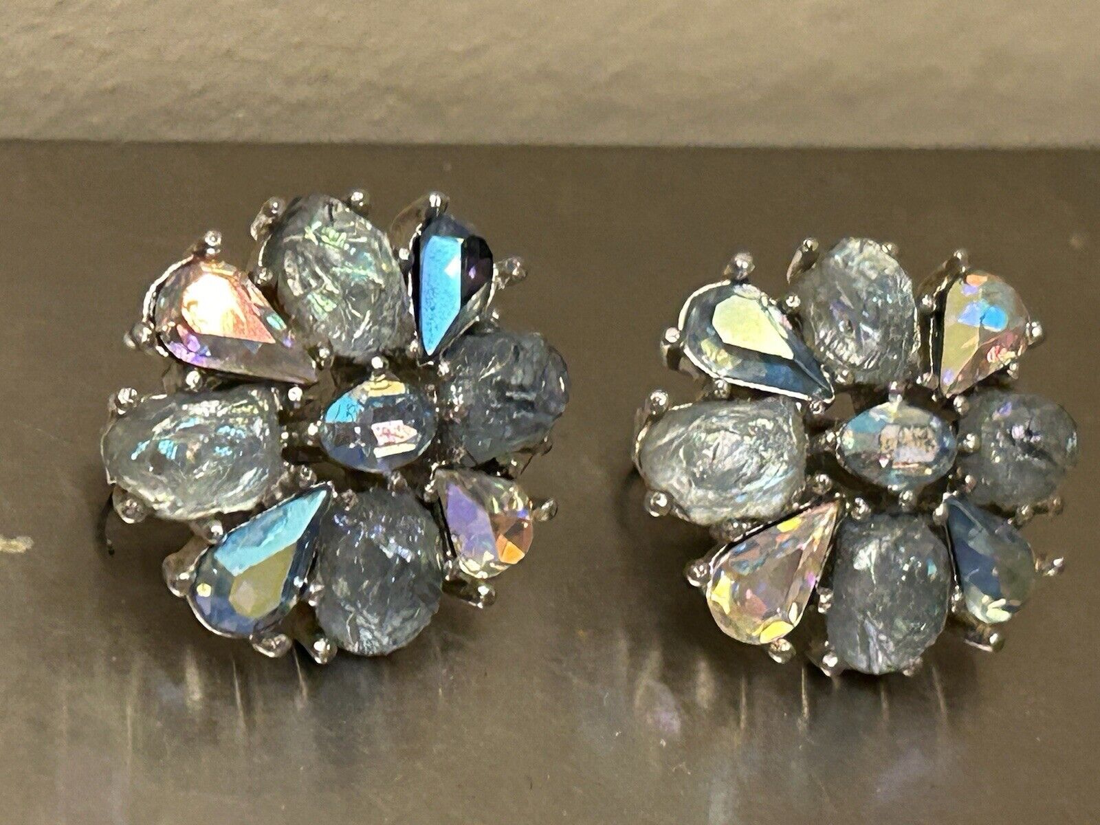 Vintage Trifari Earrings “Etoile" GLASS Blue AB Lava Rhinestone Rhodium Plated - Vintage Jewelry Collective