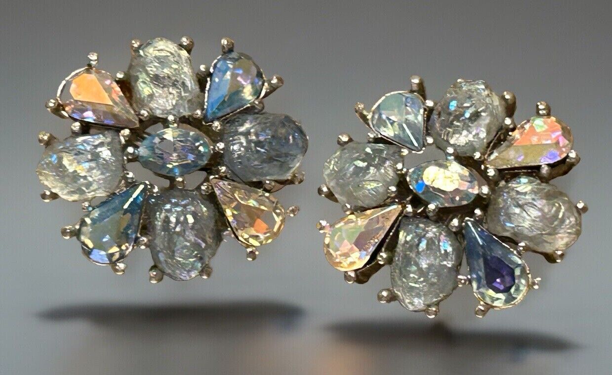 Vintage Trifari Earrings “Etoile" GLASS Blue AB Lava Rhinestone Rhodium Plated - Vintage Jewelry Collective