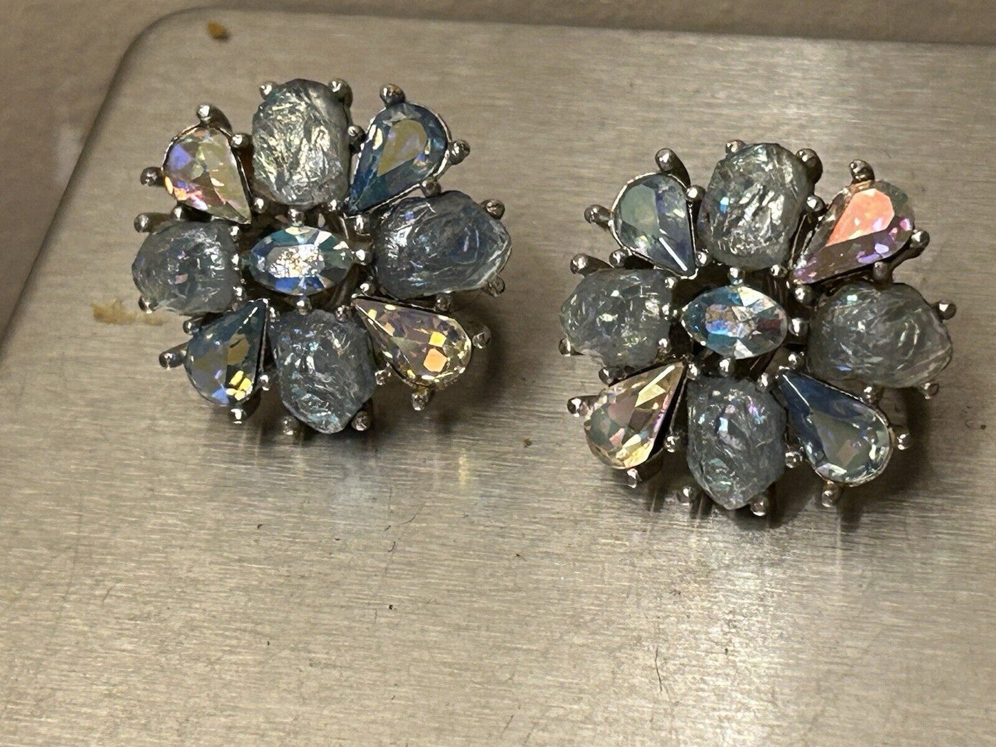 Vintage Trifari Earrings “Etoile" GLASS Blue AB Lava Rhinestone Rhodium Plated - Vintage Jewelry Collective