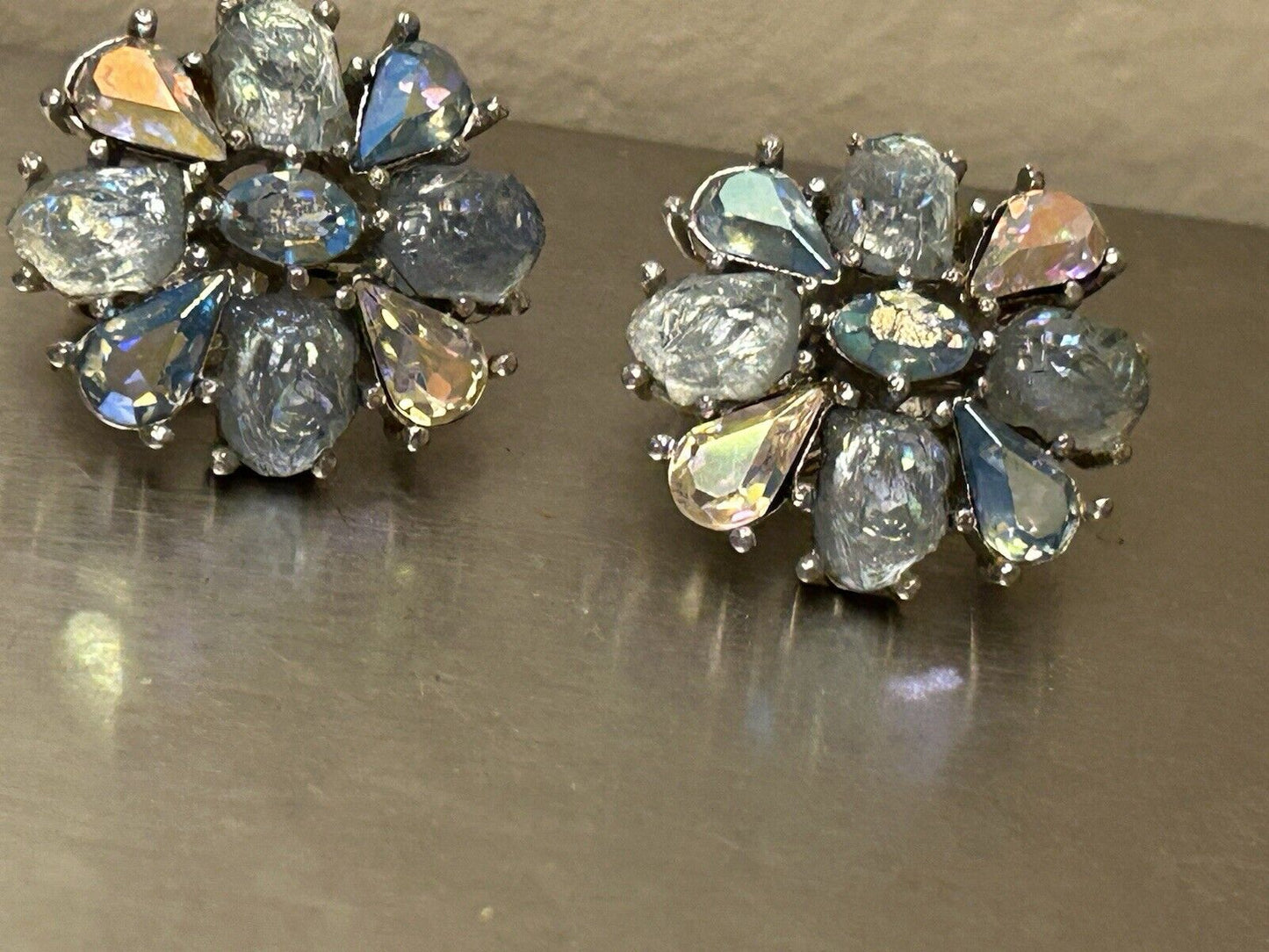 Vintage Trifari Earrings “Etoile" GLASS Blue AB Lava Rhinestone Rhodium Plated - Vintage Jewelry Collective