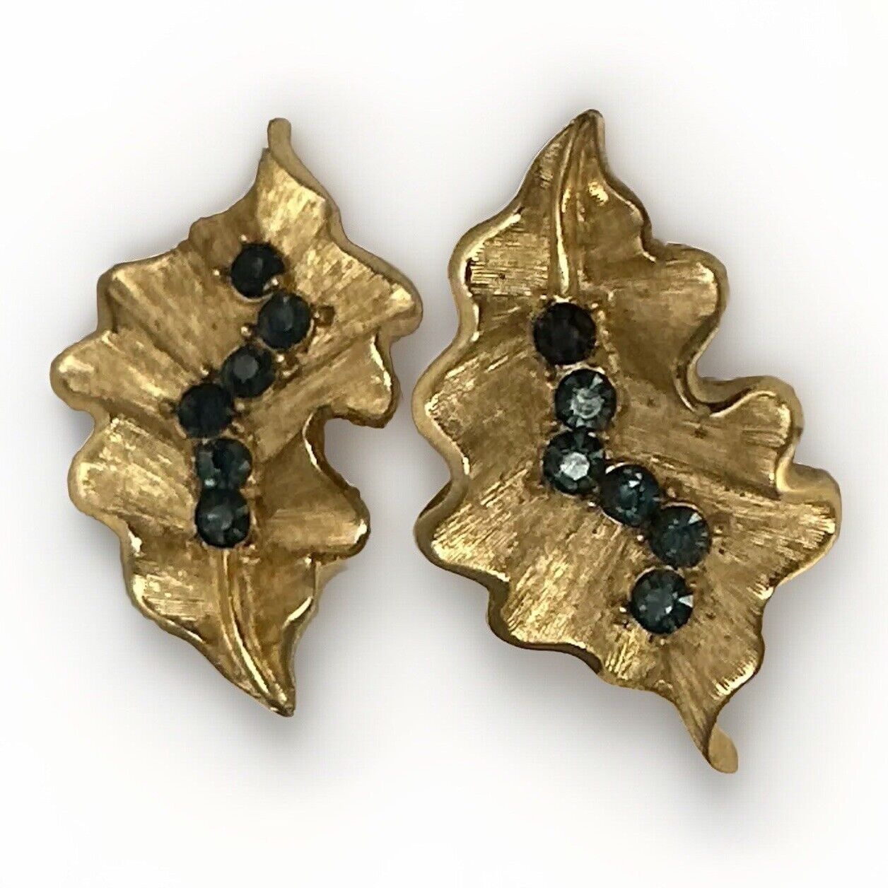 Vintage Crown Trifari Earrings Montana Blue & Gold Rhinestones Ruffled Leaf - Vintage Jewelry Collective