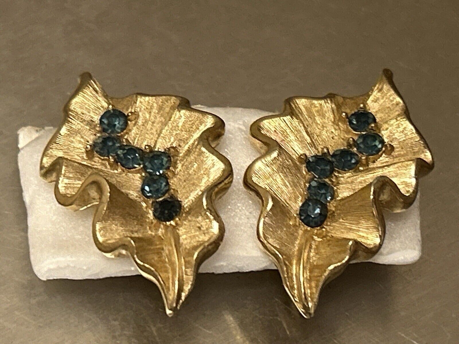 Vintage Crown Trifari Earrings Montana Blue & Gold Rhinestones Ruffled Leaf - Vintage Jewelry Collective