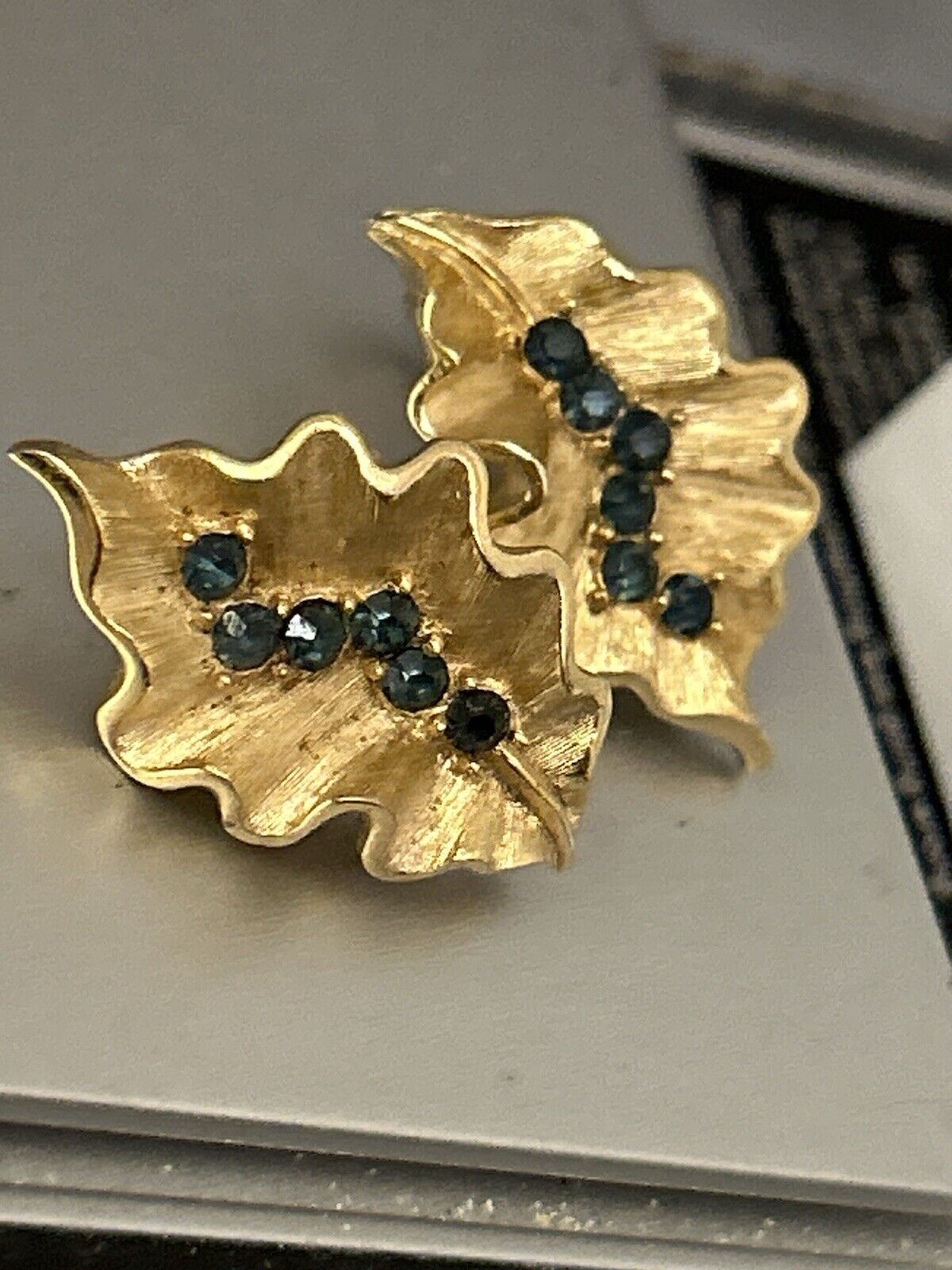 Vintage Crown Trifari Earrings Montana Blue & Gold Rhinestones Ruffled Leaf - Vintage Jewelry Collective